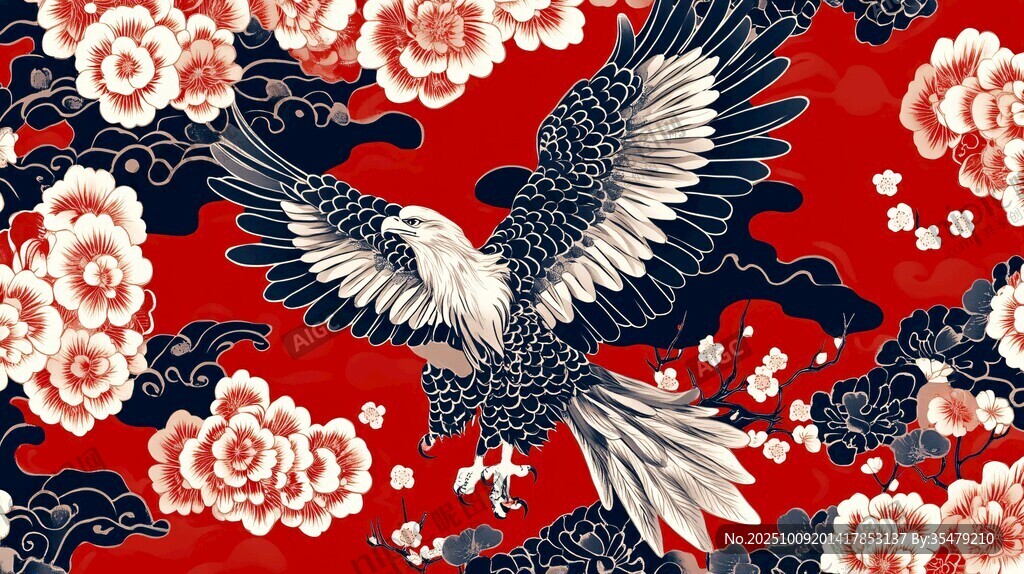 紅底花鳥雄鷹中式圖案