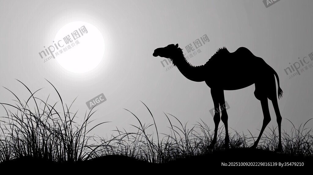 夕陽下駱駝的孤獨(dú)剪影