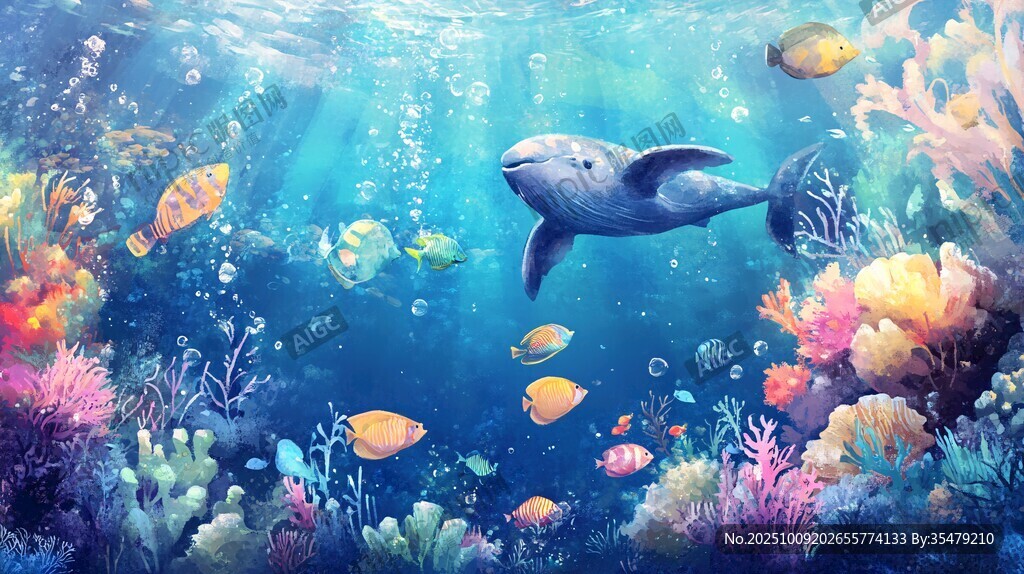 夢幻海底世界的海豚與魚群