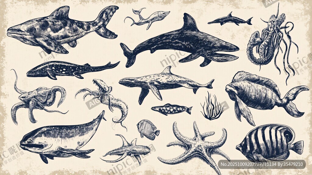 手繪海洋生物集合