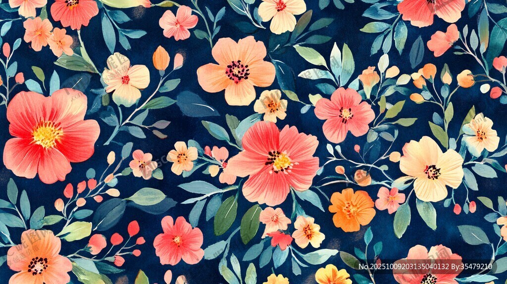深藍(lán)色底多彩花卉圖案