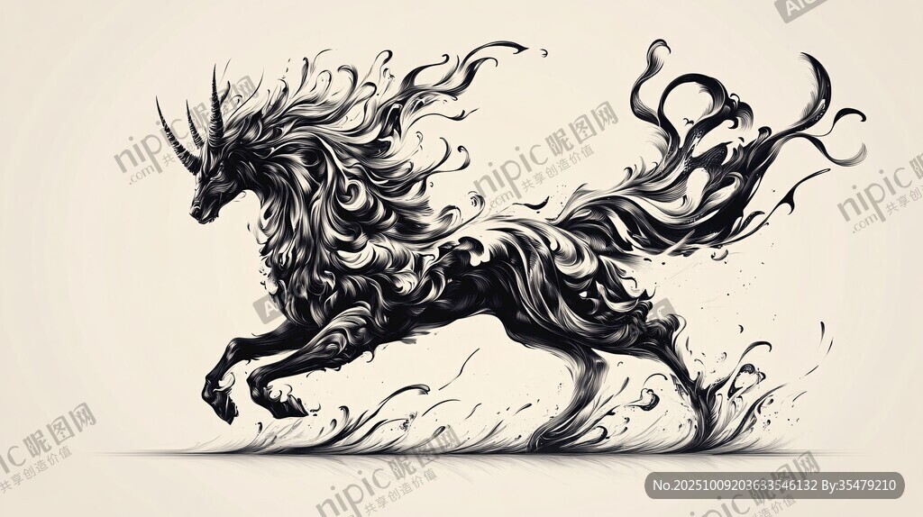 水墨風(fēng)格奔騰獨(dú)角獸插畫
