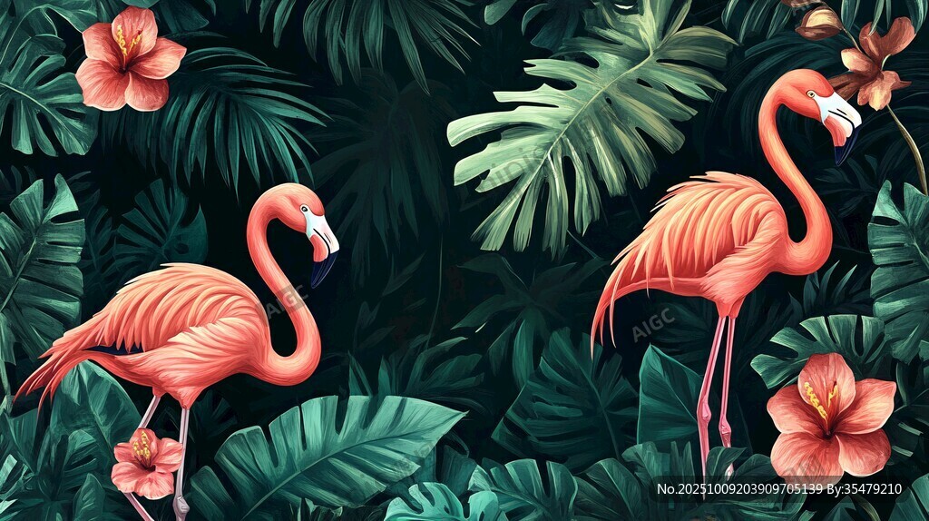 火烈鳥(niǎo)與熱帶植物插畫(huà)
