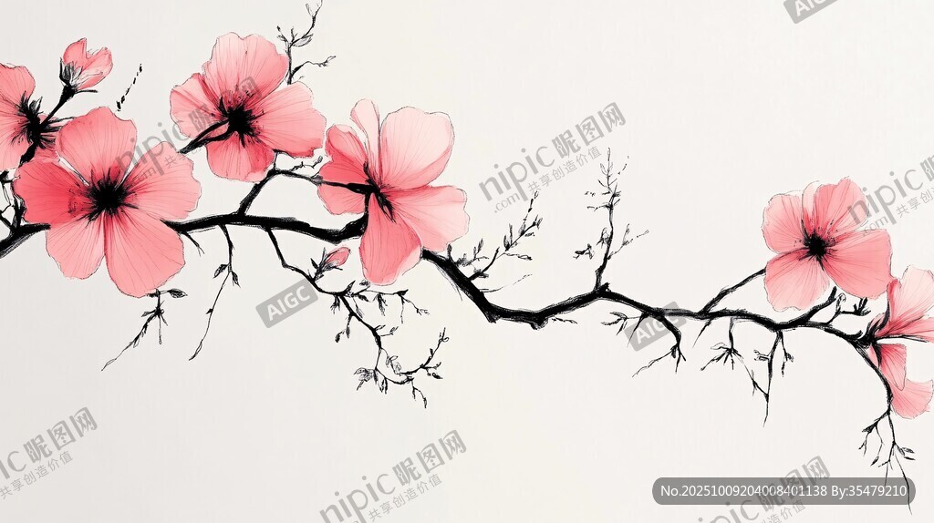 水墨風粉色花枝插畫