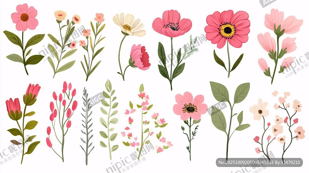 粉色花卉植物插畫集合