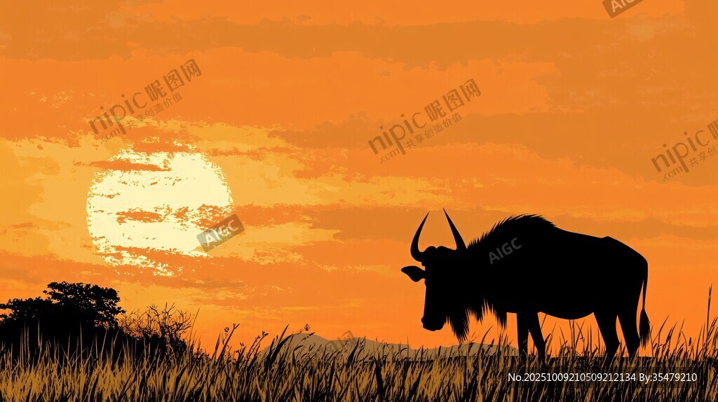 夕陽下的草原野牛剪影