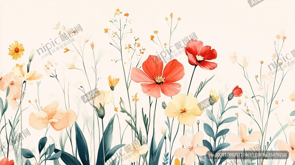 春日爛漫花卉水彩插畫
