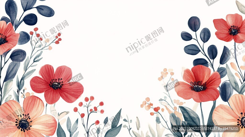 水彩花卉邊框背景圖