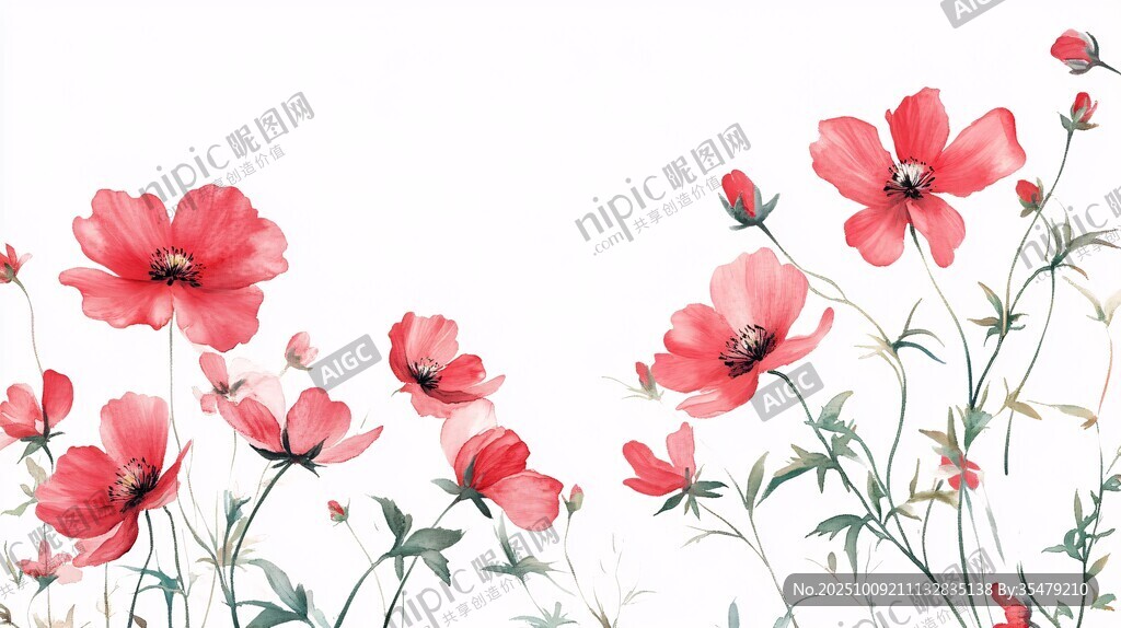 紅色花卉水彩畫清新背景