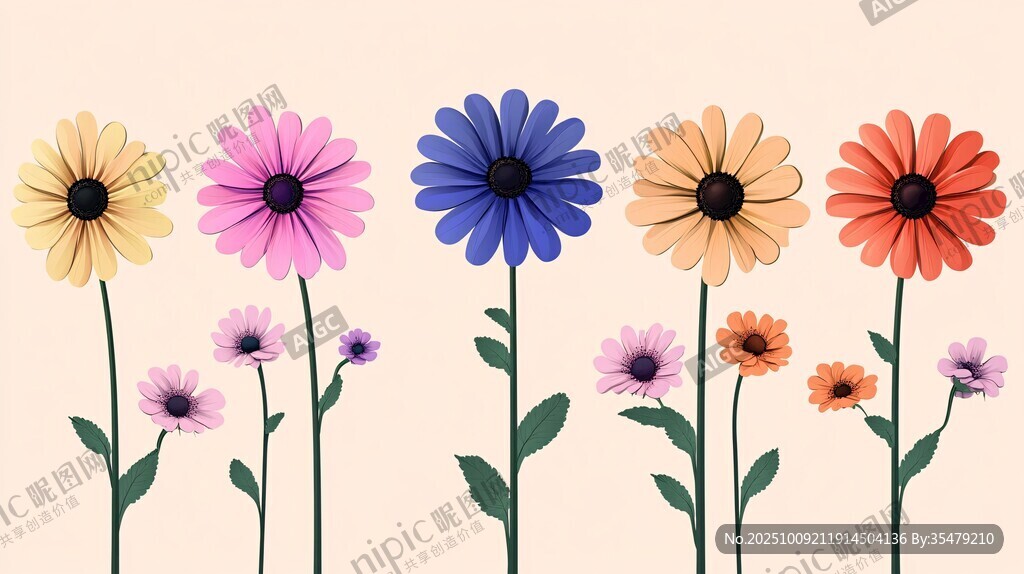 多彩雛菊插畫 清新花卉圖