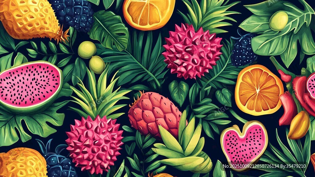 熱帶繽紛水果與綠葉插畫