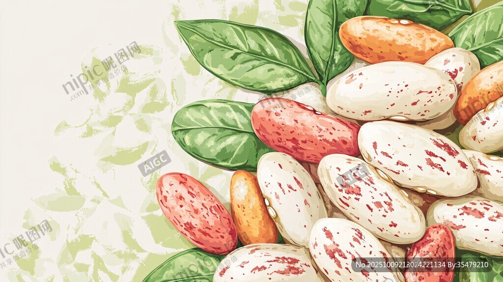 多彩花豆與綠葉插畫