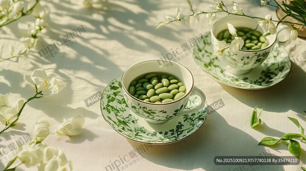 青花瓷杯中的青豆與白花