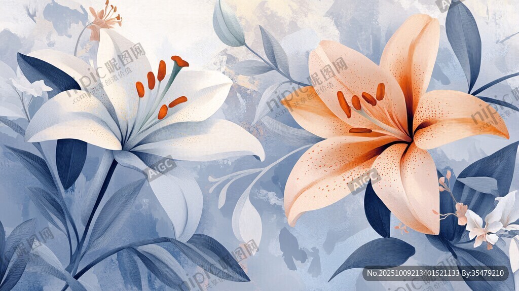 清新百合花卉插畫圖案