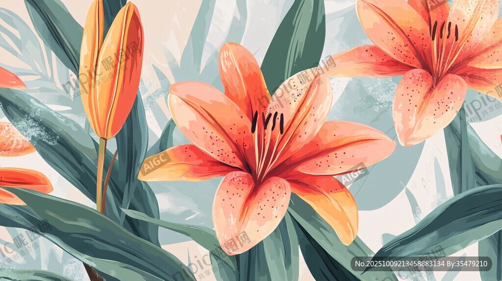 橙色百合花與綠葉插畫