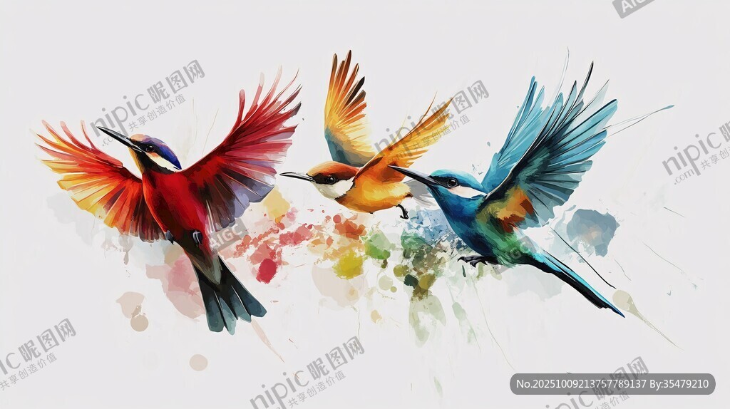 彩色飛鳥(niǎo)展翅水彩藝術(shù)圖