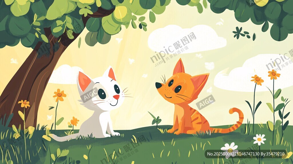 樹下雙貓愜意對望