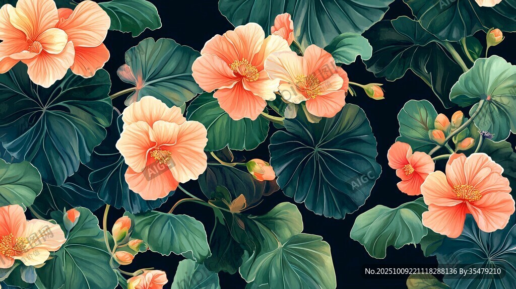 橙色花卉與綠葉精美圖案