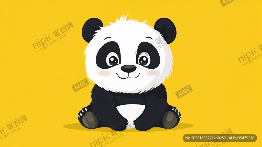 可愛熊貓坐于黃色背景前