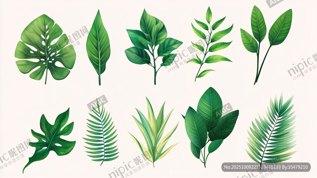 多樣熱帶綠植葉片集合