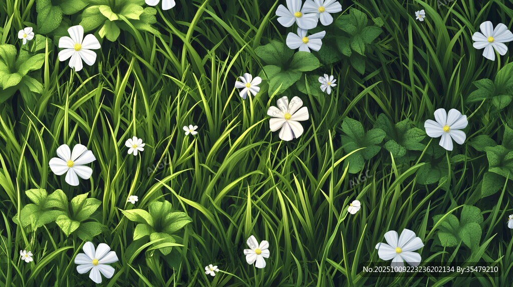 春日草地小白花風景圖