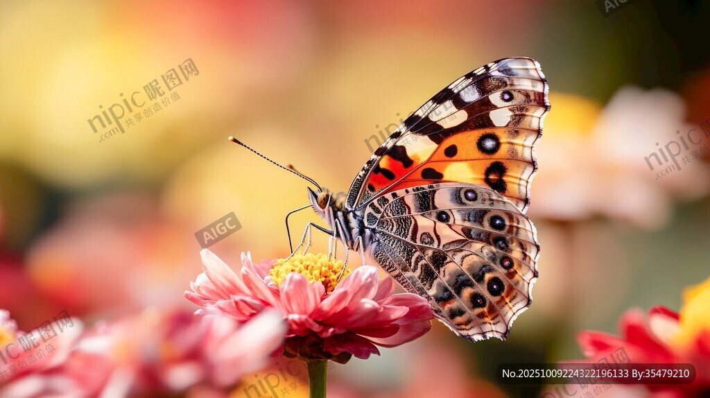 彩蝶停駐嬌艷花朵間