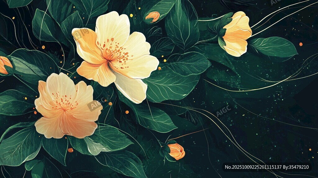 夢幻黃花朵與綠葉插畫