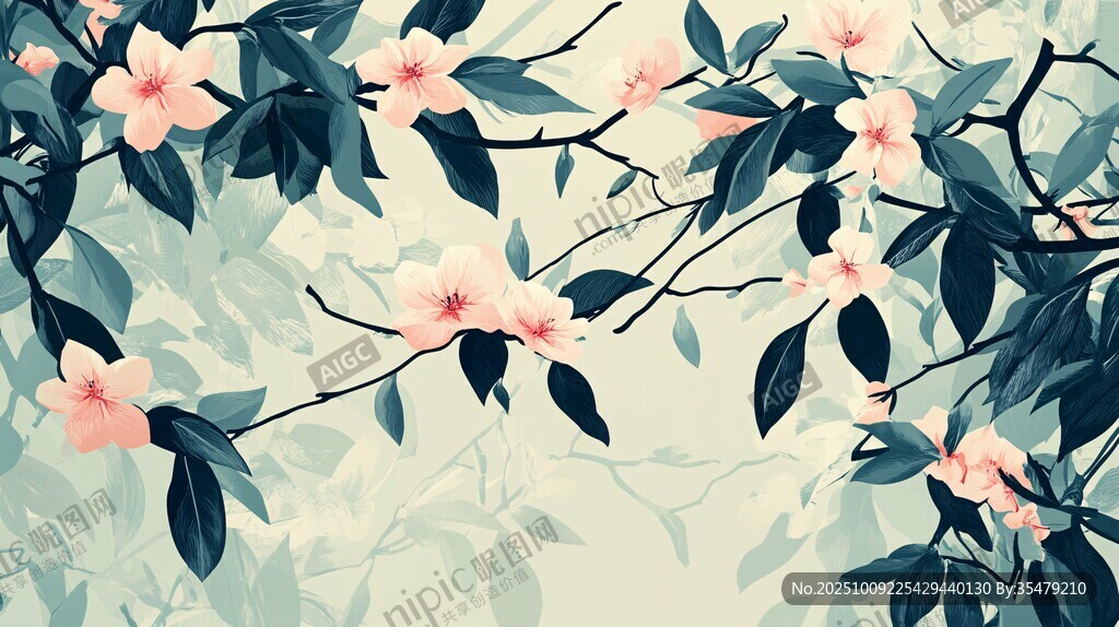 春日繁花枝葉插畫背景
