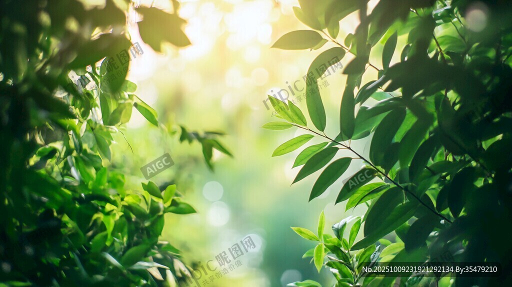 陽(yáng)光灑落的翠綠枝葉