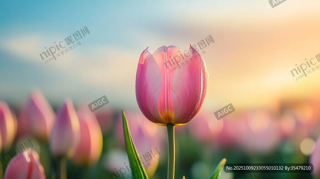 夕陽下的粉色郁金香
