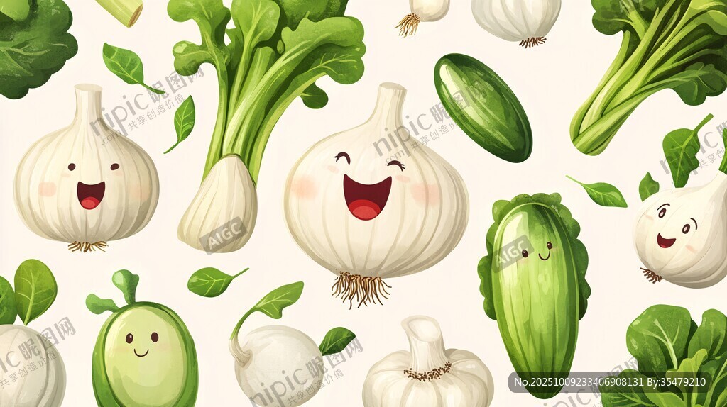 可愛笑臉蔬菜無縫圖案