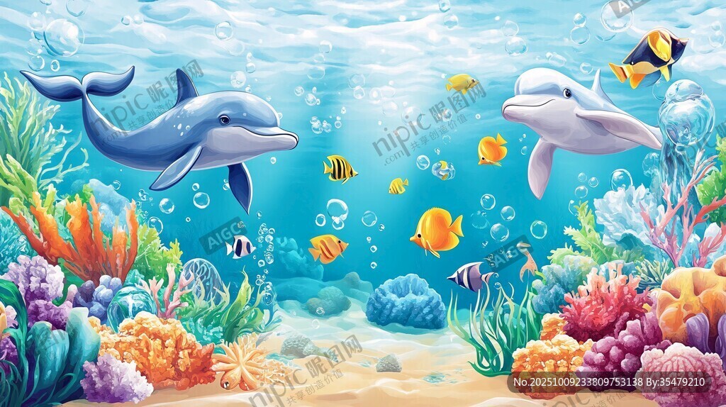 夢(mèng)幻海底世界的海豚與魚(yú)群