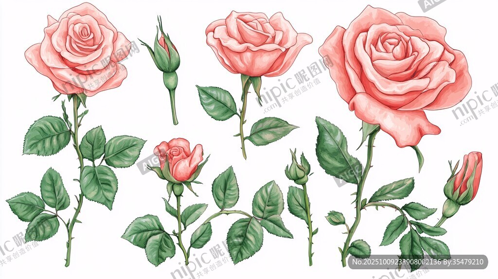 手繪粉色玫瑰花朵與枝葉