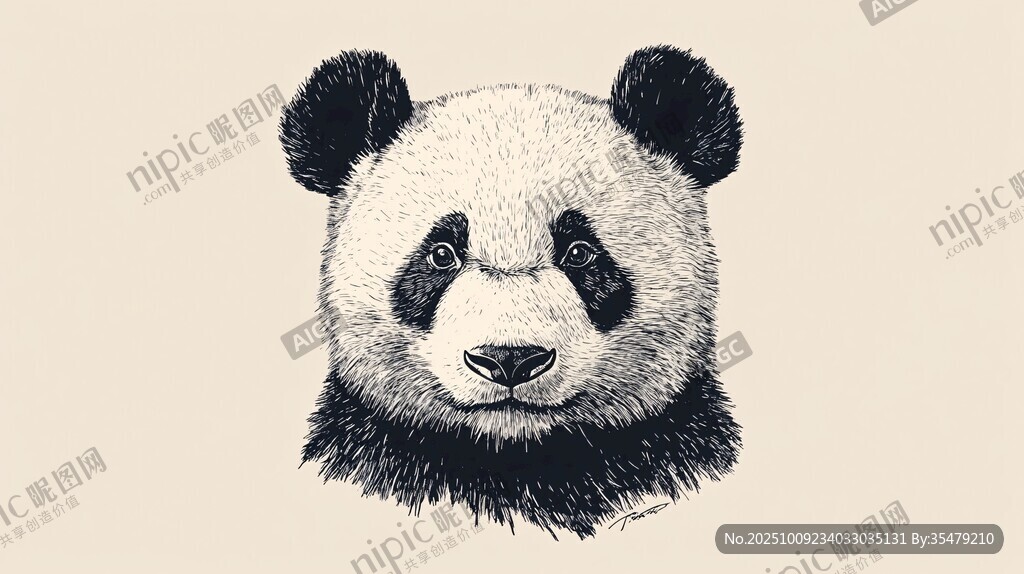 黑白熊貓頭像插畫