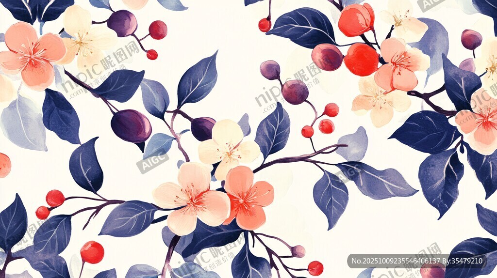 花卉圖案 柔美花朵與漿果