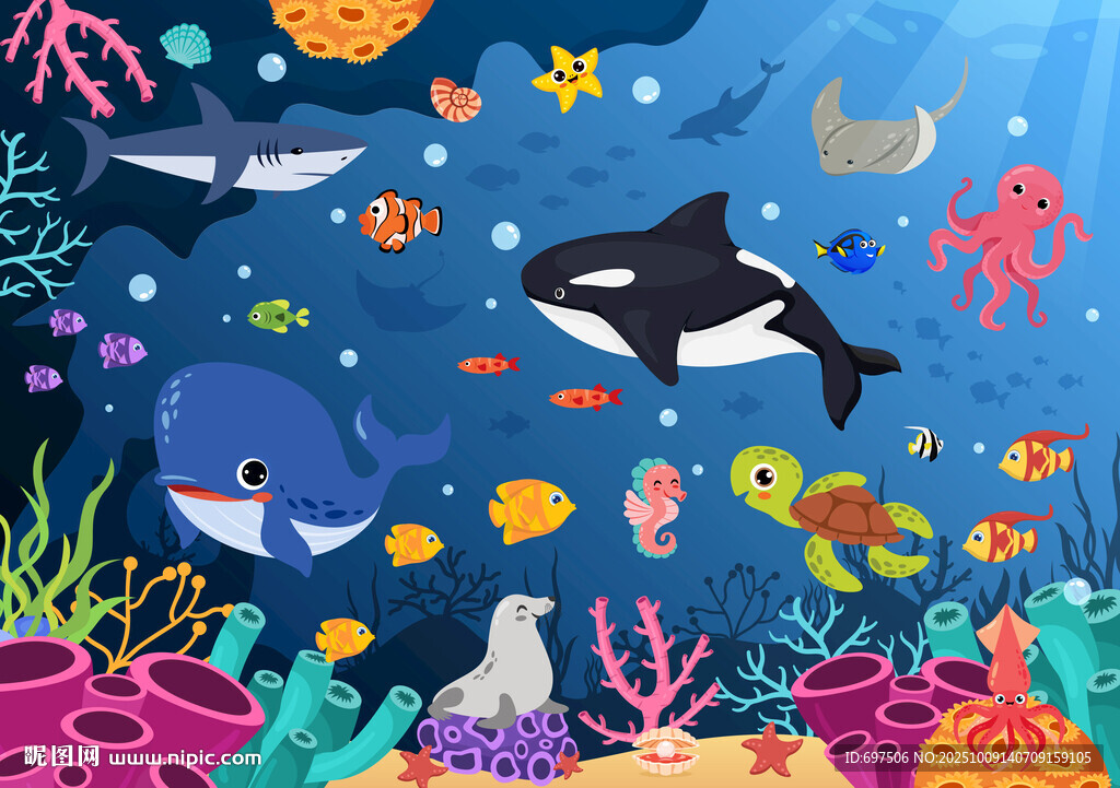 卡通海底世界可愛鯨魚水族館背景