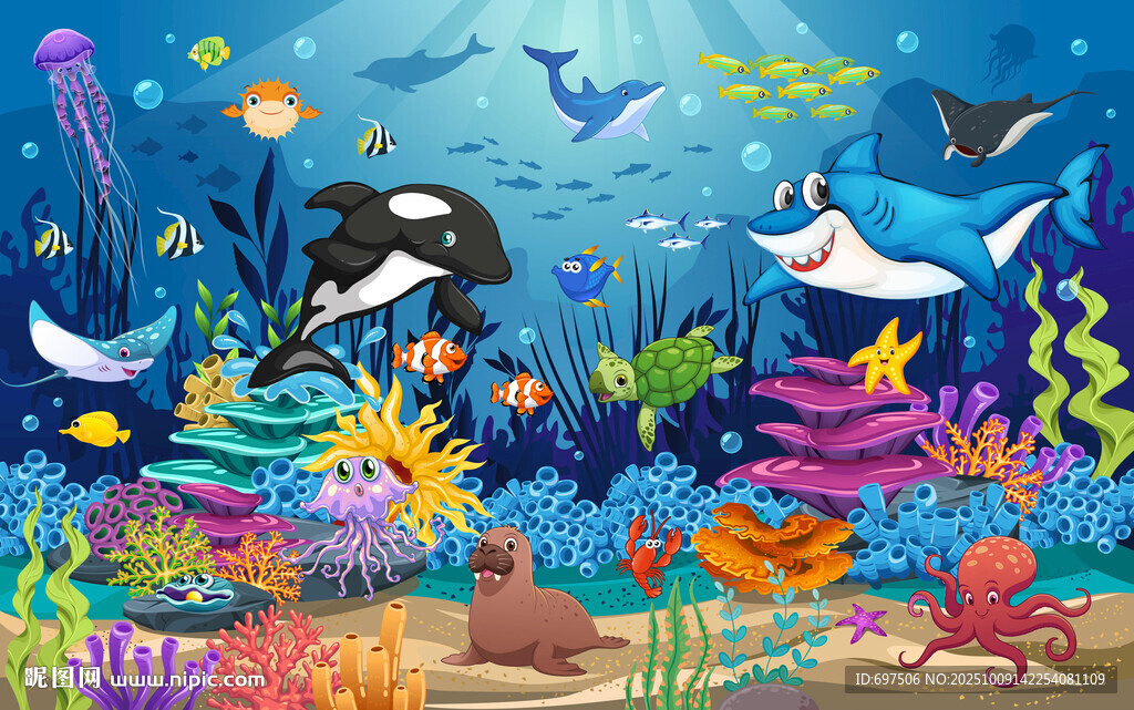 夢幻海底卡通鯊魚鯨魚珊瑚背景墻