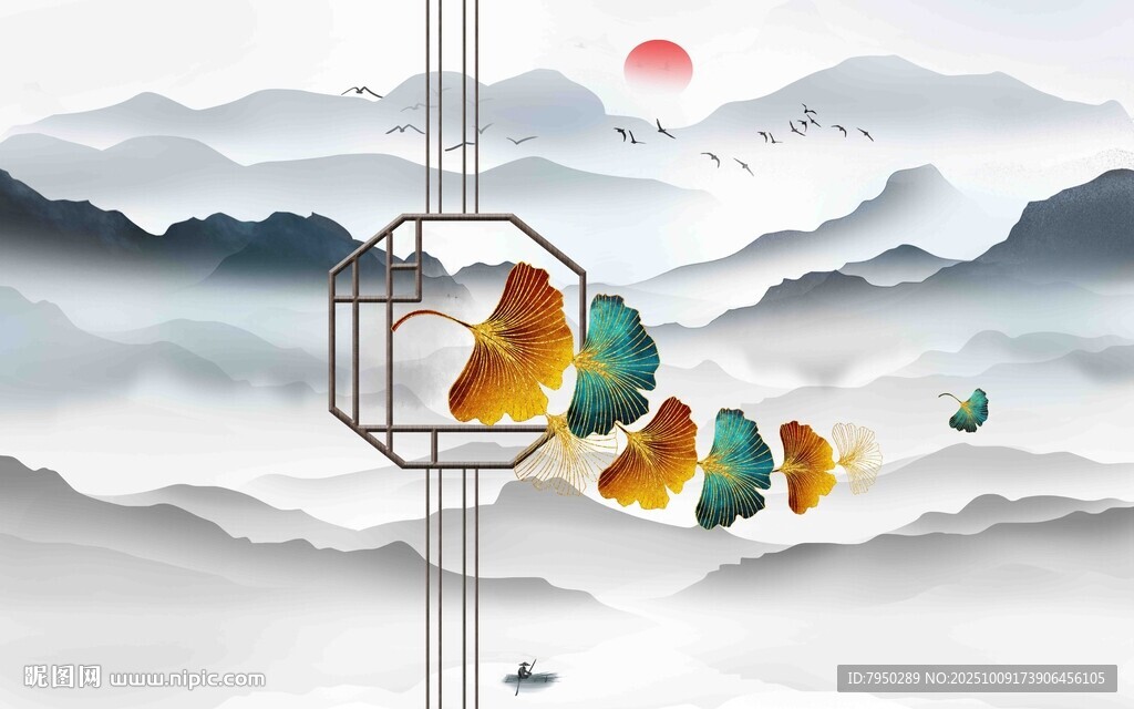 水墨山水間的多彩飛鳥