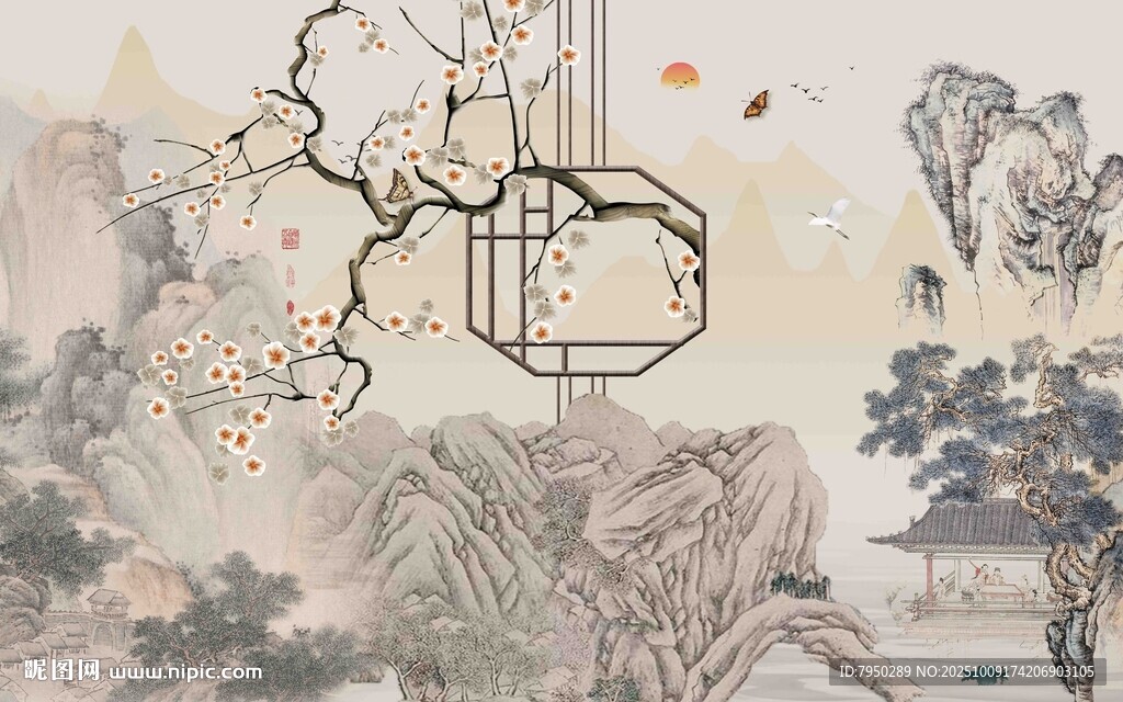 中式古典風(fēng)景插畫