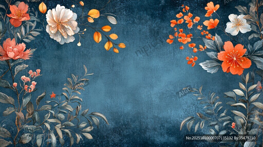 深藍(lán)背景上的多彩花卉
