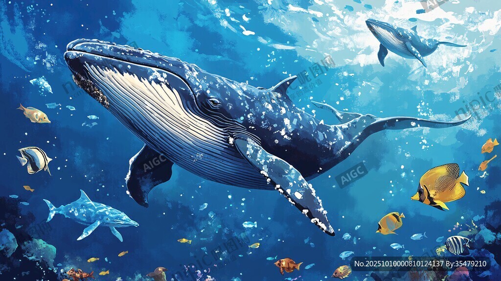 夢幻海底世界的鯨魚與魚群