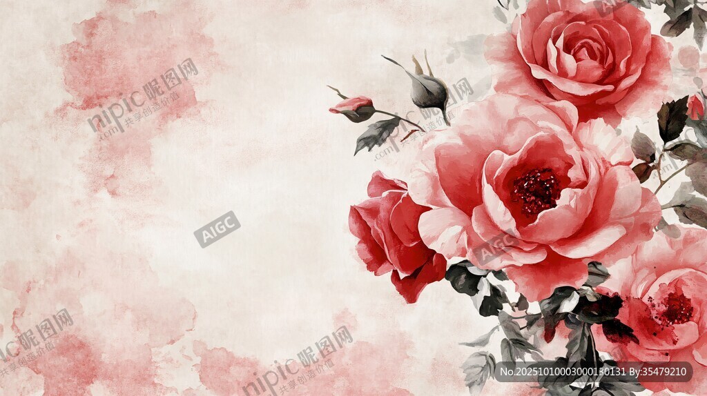 水墨風(fēng)嬌艷紅玫瑰背景圖