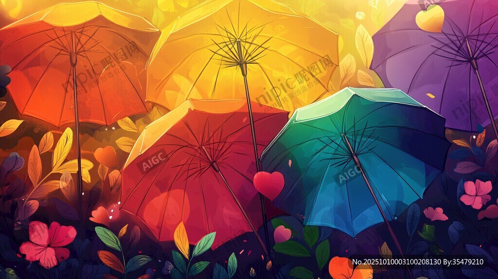 多彩雨傘下的夢幻花卉世界
