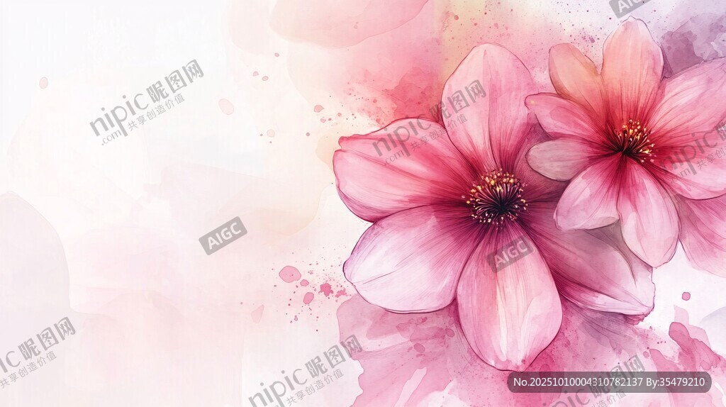 夢(mèng)幻水彩粉色花卉插畫