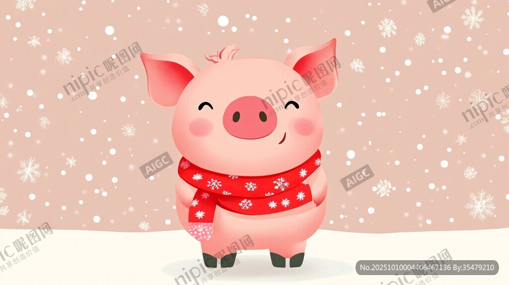 戴圍巾的可愛小豬迎雪