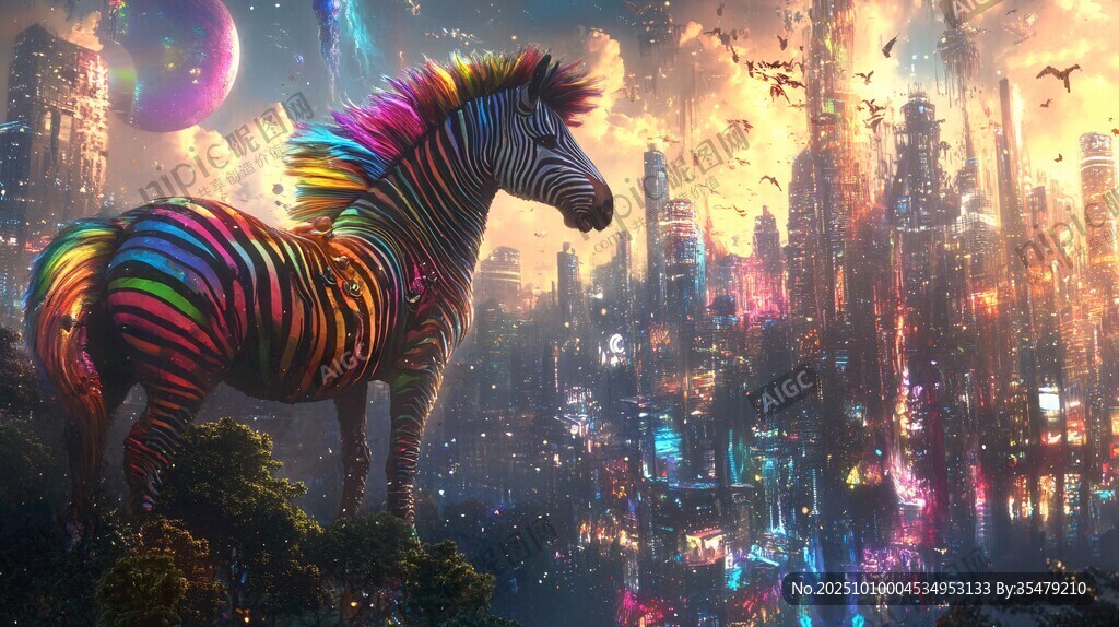 夢(mèng)幻斑馬立于未來都市