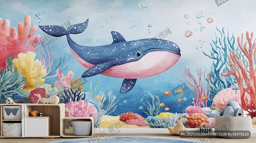 夢幻海底鯨魚兒童房背景墻