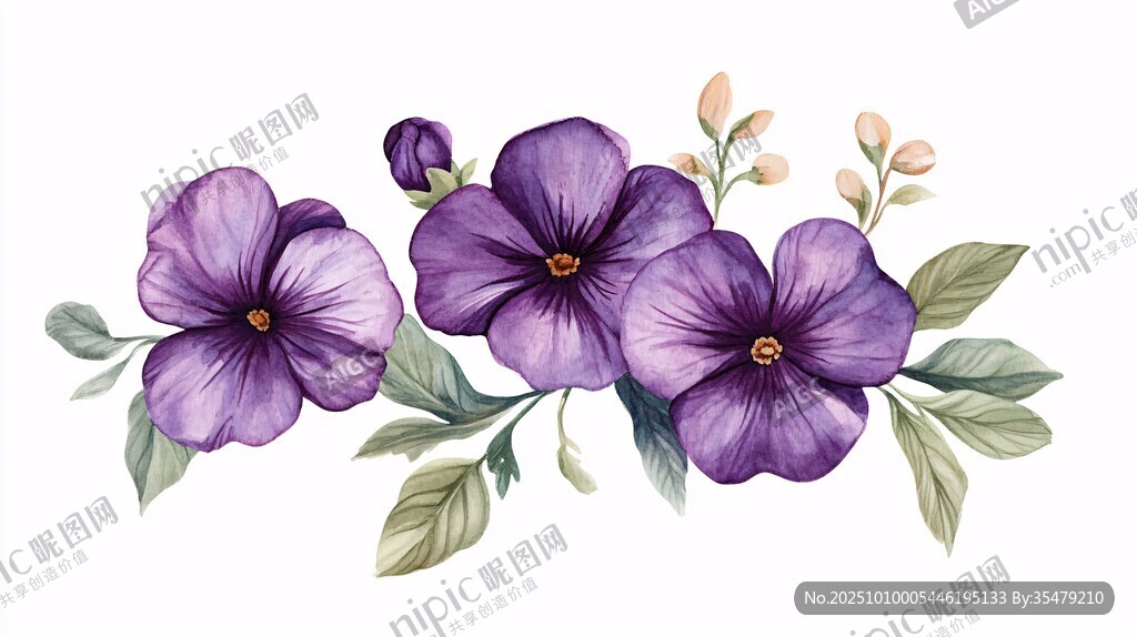 紫色三色堇花卉水彩插畫