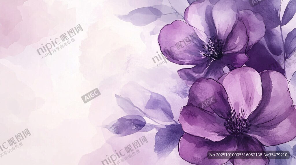 紫色花卉水彩唯美背景圖