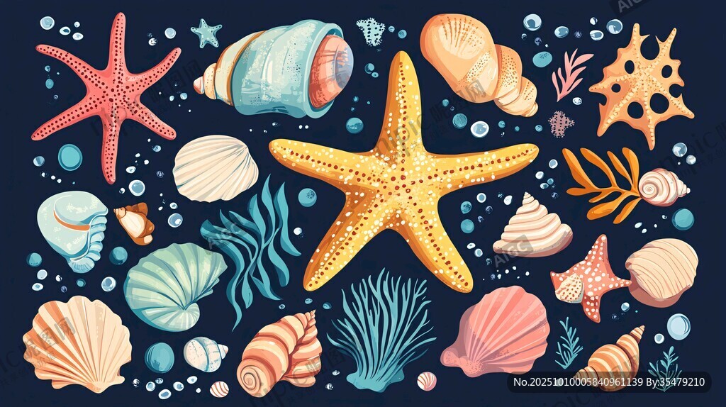 海洋貝殼與海星插畫圖案